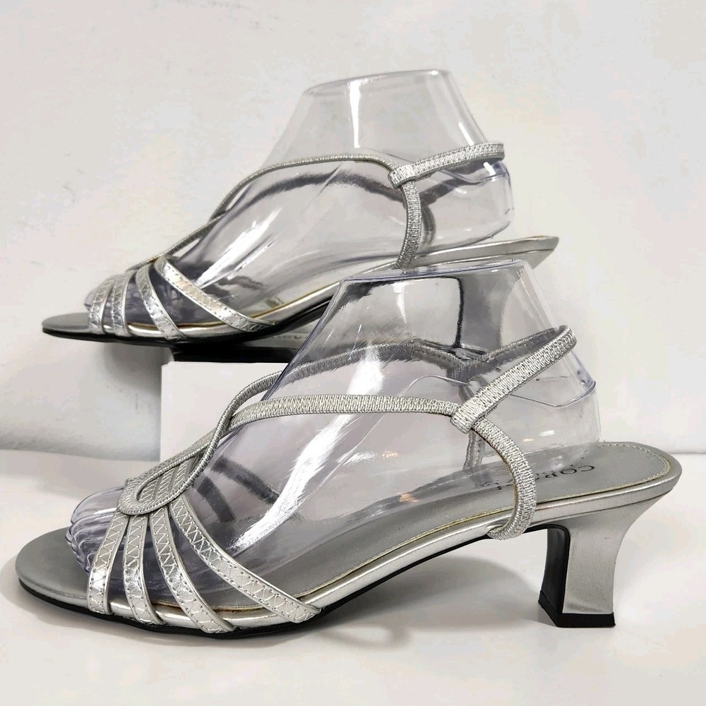 Cabrizi Silver Strappy Kitten Heel Sandals Womens 9.5 Dress Party Y2K Prom 2000s